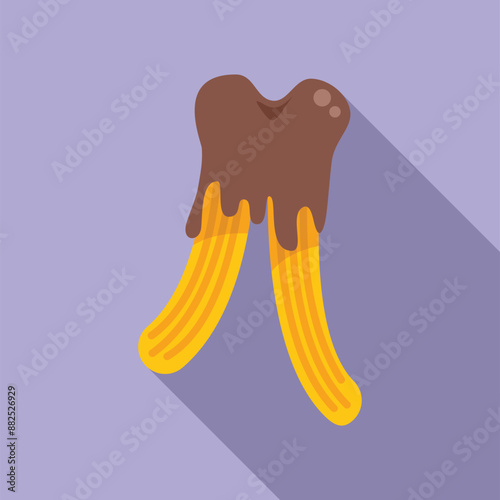 Two churros dipped in chocolate sauce are standing up on a purple background