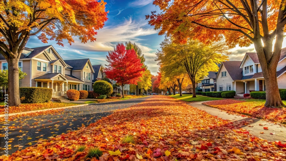 custom made wallpaper toronto digitalSuburban neighborhood in autumn with colorful leaves on the ground , fall, foliage, seasonal, residential, trees, cozy