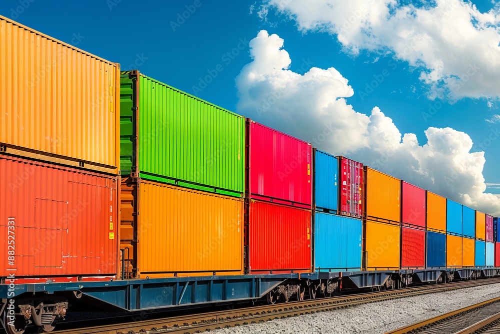 Colorful Cargo Containers on a Train Under a Blue Sky Colorful Cargo Containers on a Train Under a Blue Sky