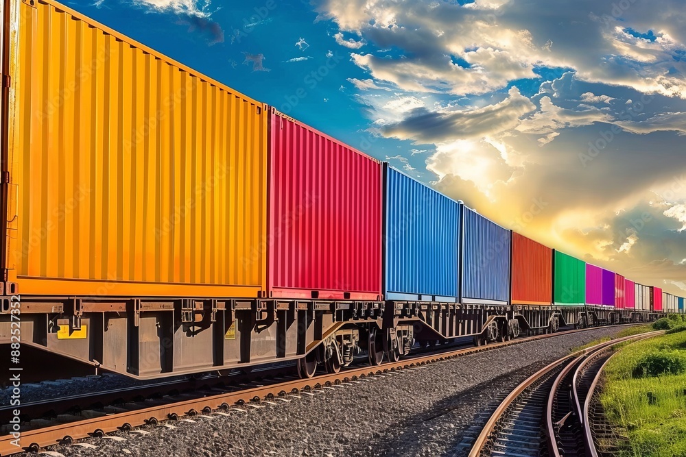 Freight Train with Colorful Shipping Containers Under a Dramatic Sky Freight Train with Colorful Shipping Containers Under a Dramatic Sky