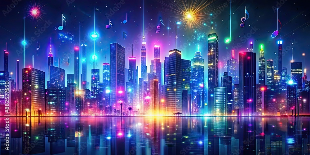 Vibrant of a cityscape at night with disco lights and music notes , , music,cityscape, disco lights, nightlife, stars Vibrant of a cityscape at night with disco lights and music notes , , music,cityscape, disco lights, nightlife, stars