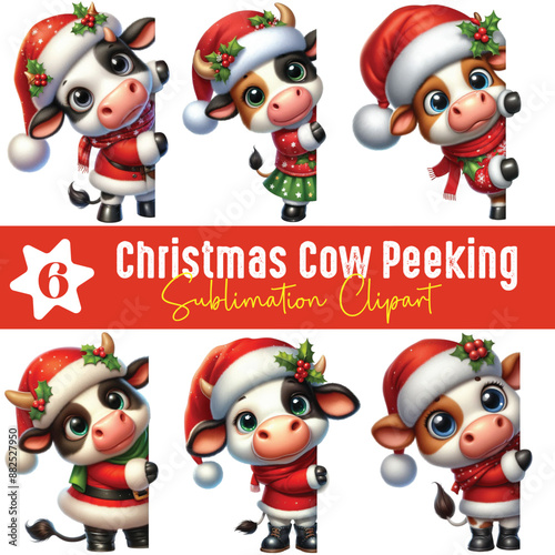 Christmas Cow Peeking Around Corner PNG