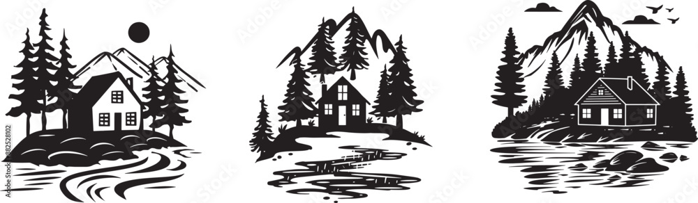 Obraz premium forest cabin silhouette vector illustration set
