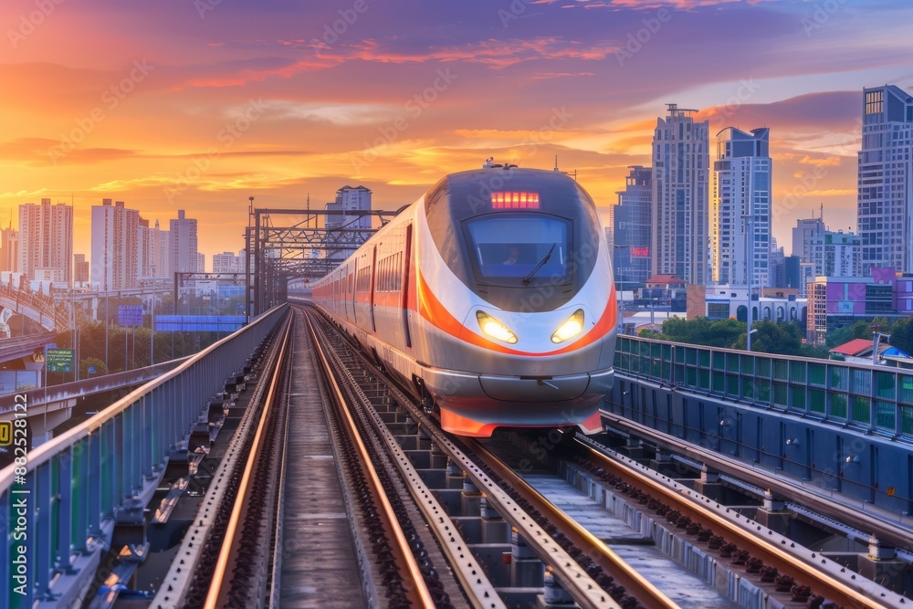 High-Speed Train at Sunset in Urban Landscape High-Speed Train at Sunset in Urban Landscape
