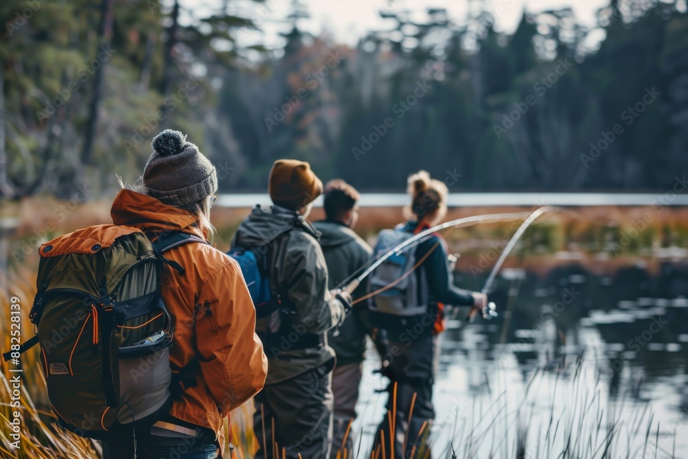 Back View of a Woman With Backpack in Front of a Group of People Fishing by the Lake Back View of a Woman With Backpack in Front of a Group of People Fishing by the Lake