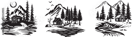 forest cabin silhouette vector illustration set 