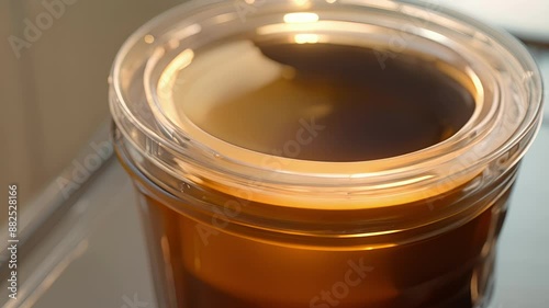 A topdown view of a cold brew maker made of BPAfree plastic with clearly marked measurement lines and a screwon lid. photo