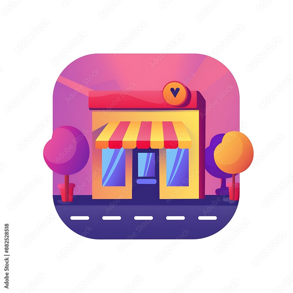 Colorful illustration of a small business with trees and a road Colorful illustration of a small business with trees and a road