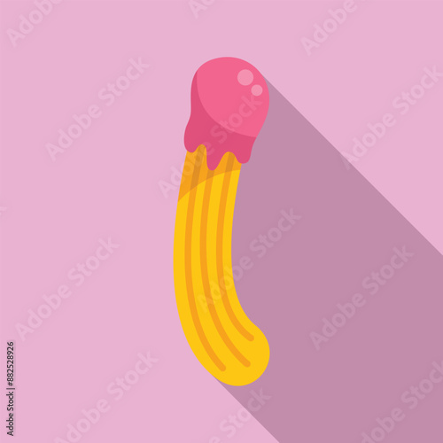 Churro dipped in strawberry cream is melting on a pink background