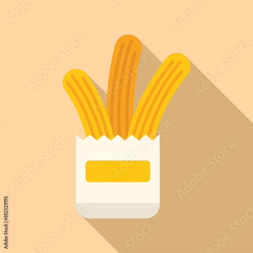 Three churros sticking out of a white paper bag with a blank yellow label, a classic street food snack