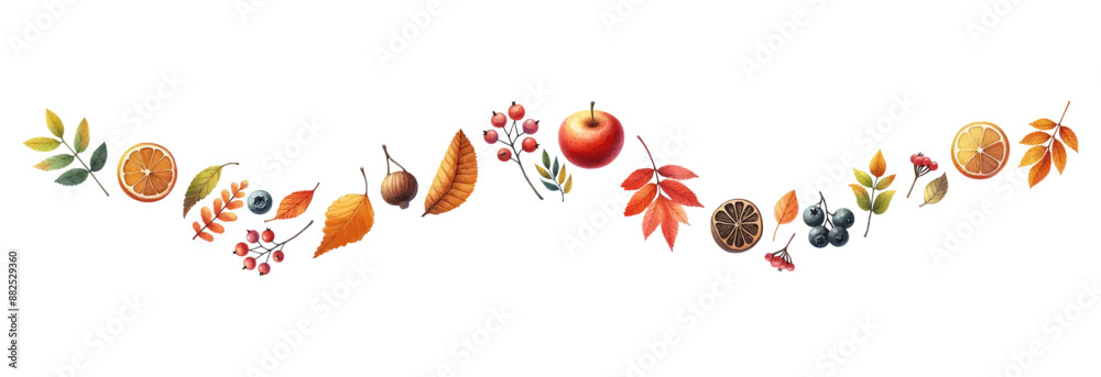Autumn border with leaves ,mushrooms,acorns,berries. Wave of falling leaves. Leaf fall. Autumn flying leaves. Watercolor leaves in the wind. Autumn leaves seamless border.