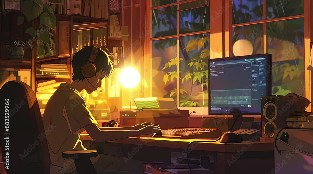 Nighttime focus: Anime boy typing on computer in glowing room at night
Seamless looping 4k time-lapse virtual video animation Generated AI