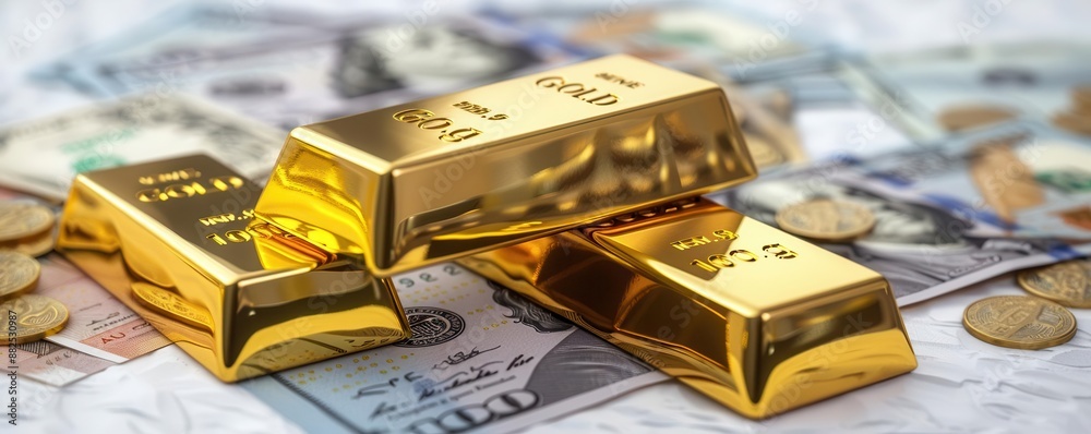 Gold bars surrounded by old and new currency notes, gold bars investment, historical and modern wealth Gold bars surrounded by old and new currency notes, gold bars investment, historical and modern wealth