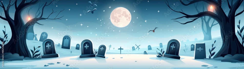 Eerie graveyard under a full moon with headstones and leafless trees, creating a haunting atmosphere perfect for Halloween themes. Eerie graveyard under a full moon with headstones and leafless trees, creating a haunting atmosphere perfect for Halloween themes.