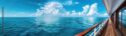 Stunning Ocean View from a Cruise Ship Deck, Nautical Scenic Perspective, Blue Sky, White Clouds, and Tranquil Waters