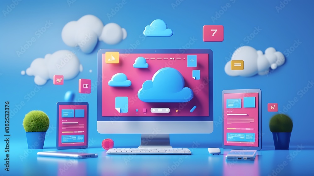 3d illustration of a desktop computer and tablet with clouds and various icons representing a cloudbased storage system 3d illustration of a desktop computer and tablet with clouds and various icons representing a cloudbased storage system