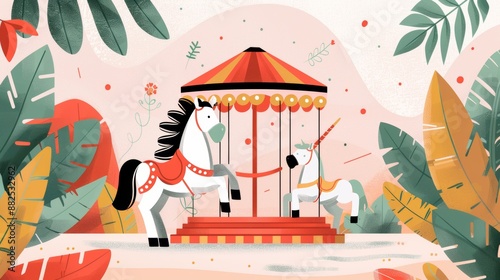 Carousel at a fair, adorned with detailed and embellished decals, capturing the nostalgic and whimsical spirit of the fairground, flat design illustration photo