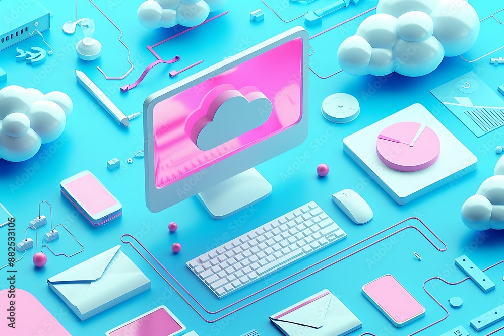 Pink and blue 3D illustration of a computer and office supplies Pink and blue 3D illustration of a computer and office supplies