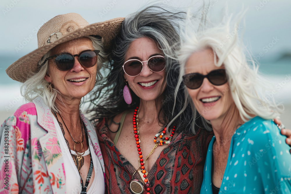 A photo of three diverse middle-aged women in stylish clothes smiling on vacation at the seaside, representing mature friendship. A photo of three diverse middle-aged women in stylish clothes smiling on vacation at the seaside, representing mature friendship.