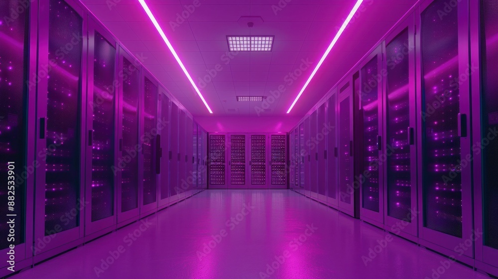 Long hallway in data center with purple lights and door technology and innovation in business environment Long hallway in data center with purple lights and door technology and innovation in business environment