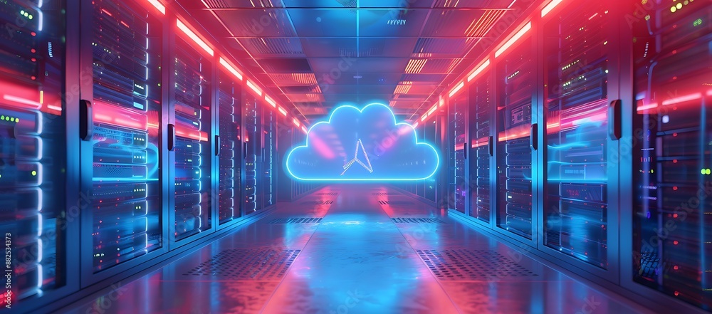 Glowing blue cloud computing data center with red neon lights Glowing blue cloud computing data center with red neon lights