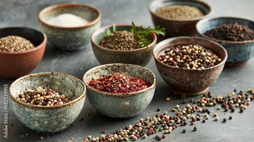 Variety of colorful, organic, dried, vibrant Indian food spices on an old turquoise