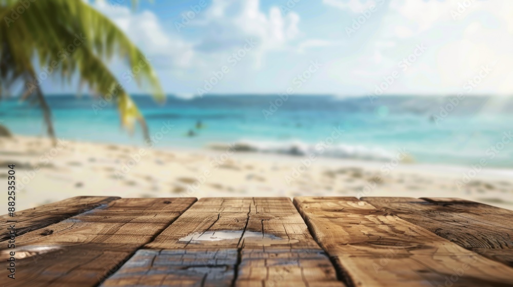 Fototapeta premium A rustic wooden table with a tropical beach background, capturing the essence of a serene and relaxing seaside setting.