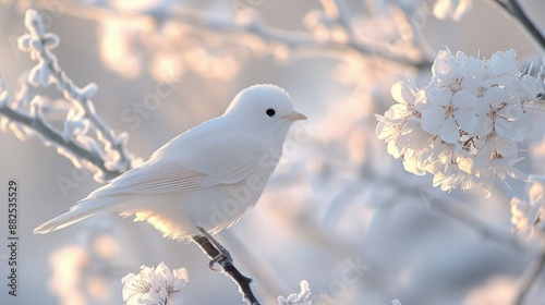 A delicate white bird perched on a frosty blossoming branch, capturing a serene and ethereal winter moment. photo