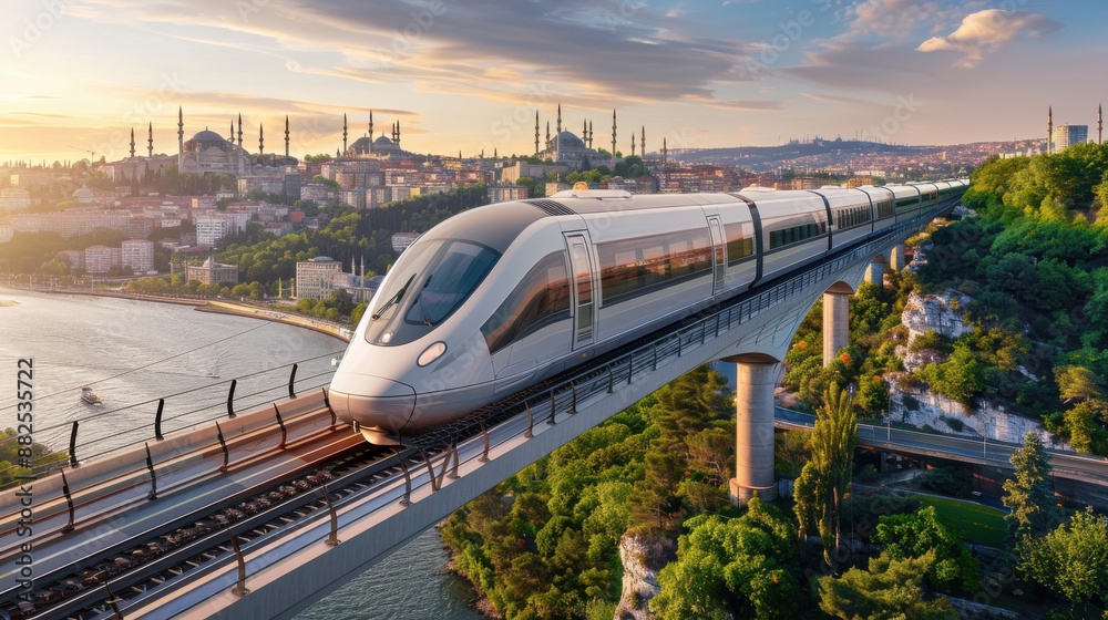 Naklejka premium An electric train gliding smoothly over a bridge, with a river and cityscape in the background, emphasizing clean energy travel