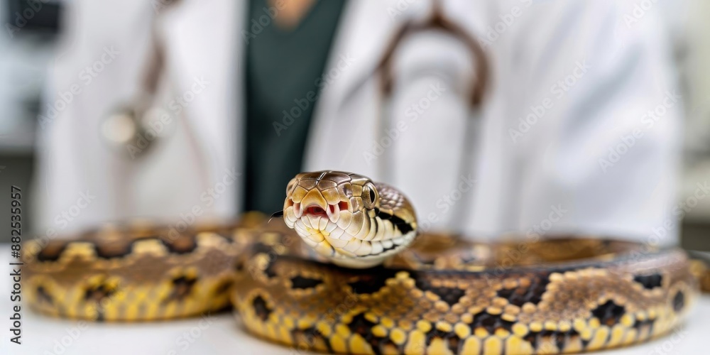 A veterinarian examines a brown and black snake. A veterinarian examines a brown and black snake.