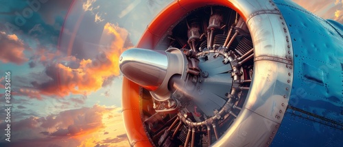 Wallpaper Mural Close-up of an airplane engine against a vibrant sunset sky, showcasing intricate mechanical details and vibrant colors. Torontodigital.ca