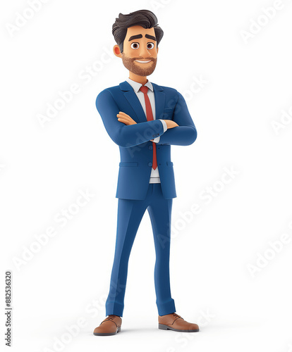 3D Cartoon Confident Smiling Businessman in Blue Suit with Arms Crossed Vector Illustration