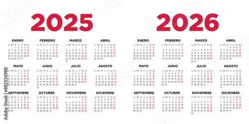 Calendario 2025 2026 en español. Semana comienza el lunes. Sábados y domingos en rojo. Ilustración