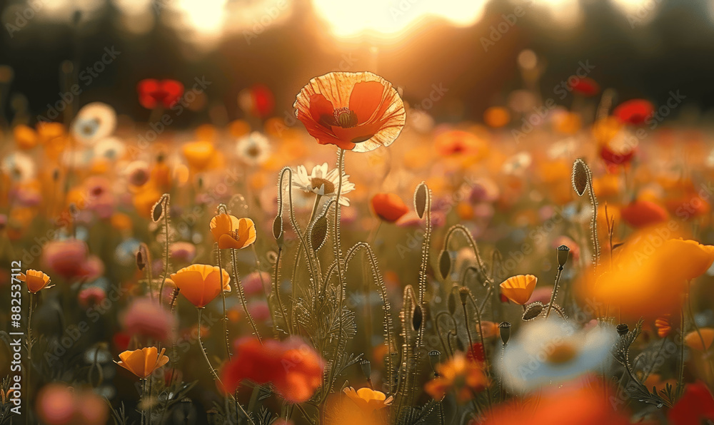Obraz premium Summer Wildflower Meadow at Sunset with Poppies and Daisies - Nature Photography in Cinematic Style