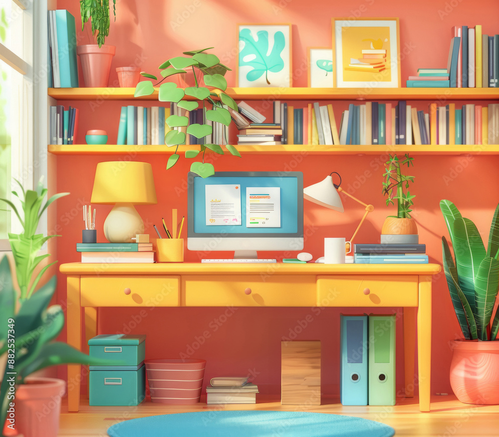 3D desk, computer and workstation for home office, study room and ...