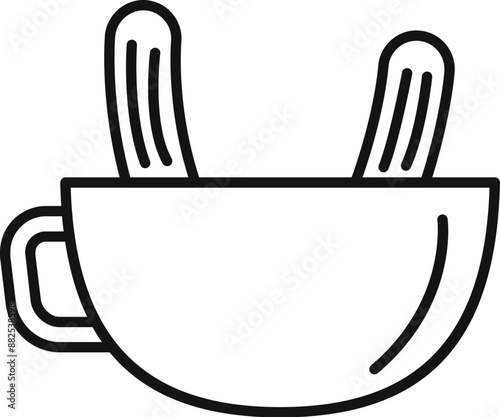 Line art icon of two churros dipped in a cup of thick spanish hot chocolate