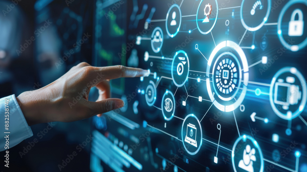 Cost and quality control concept. Person touch virtual cost and quality icons to Improve work efficiency for quality control and company cost reduction. Successful organization strategy and management