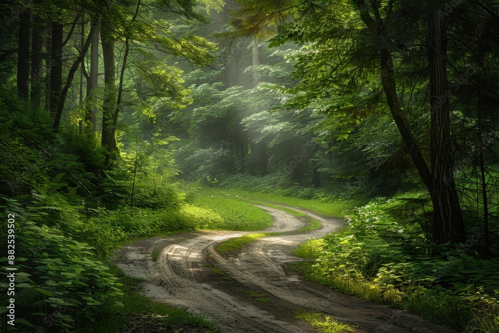 Forest Path: Sun Dappled Trail Through Lush Greenery