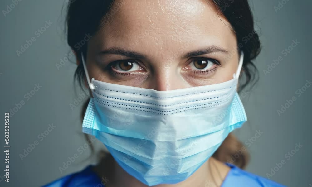 Focused healthcare worker adjusting protective mask for safety Focused healthcare worker adjusting protective mask for safety