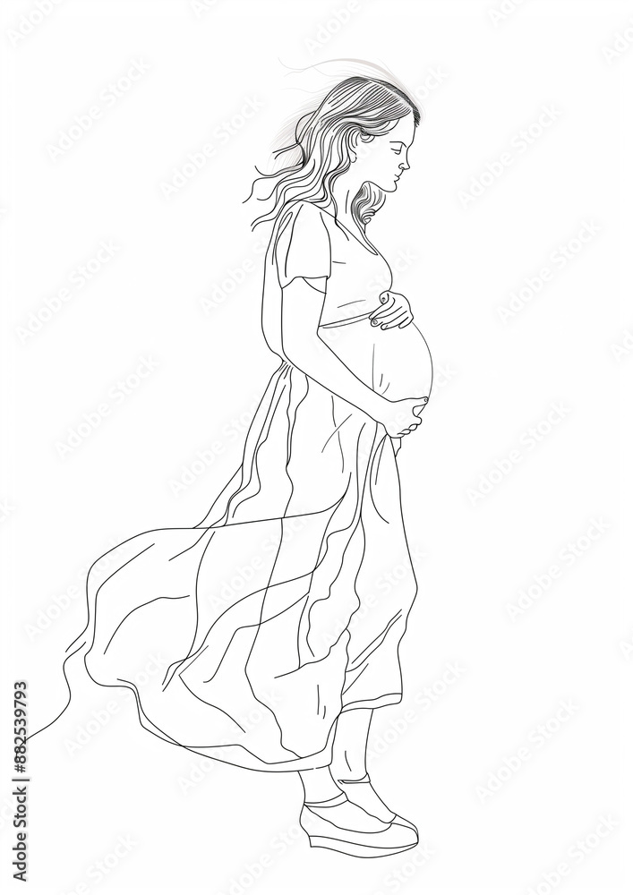 full body simple line drawing of pregnant woman, white background, full body simple line drawing of pregnant woman, white background,