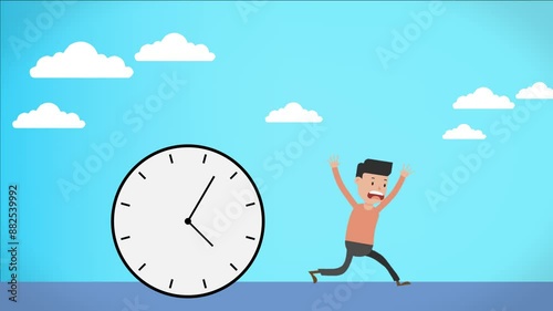 Cartoon Man Running Away From Giant Clock Against Blue Sky