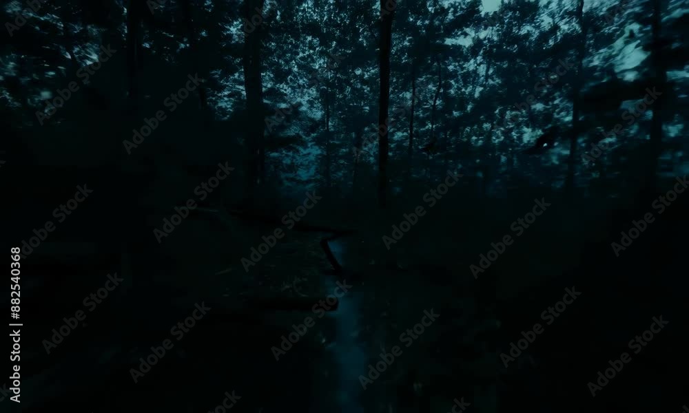 Mysterious forest trail in dense morning fog Mysterious forest trail in dense morning fog