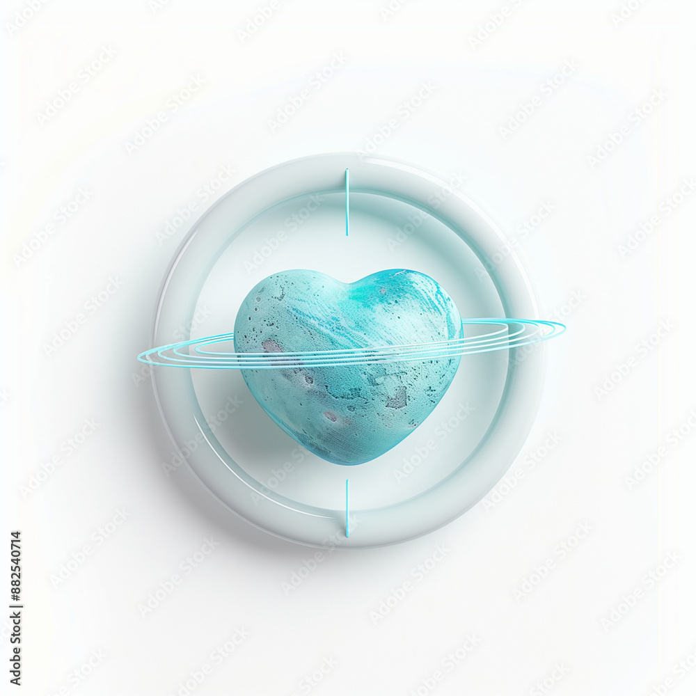 A vector clipart of a aquamarine heart-shaped planet with a blue ring, set against a white background. A vector clipart of a aquamarine heart-shaped planet with a blue ring, set against a white background.