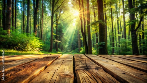 Rustic wooden planks with knots and grains, surrounded by natural forest environment with green foliage and sunlit atmosphere. photo