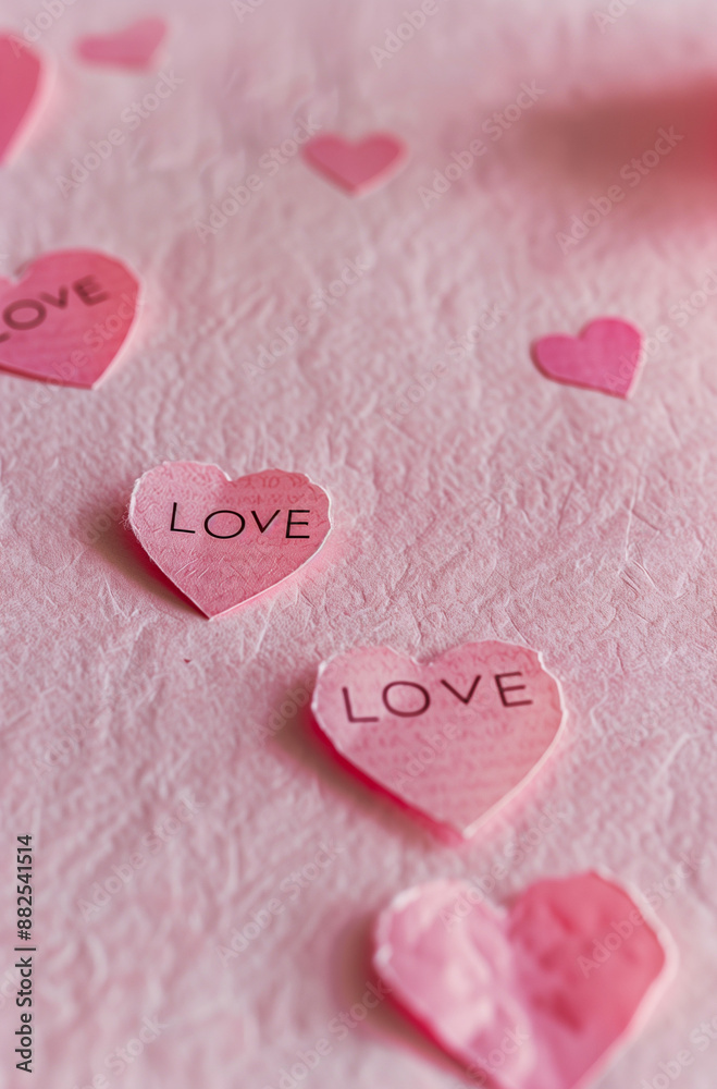 Fototapeta premium A pink paper in shape of hearts with the word 