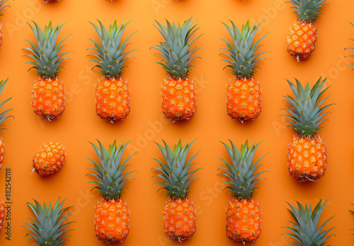 An orange pineapple pattern against orange background.Flat lay