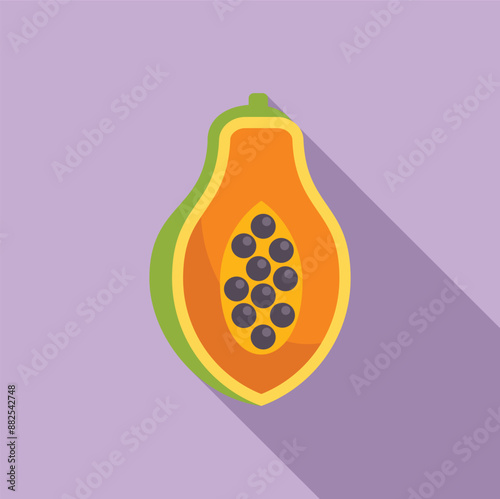 Ripe papaya fruit showing seeds inside flat design icon for food apps and websites