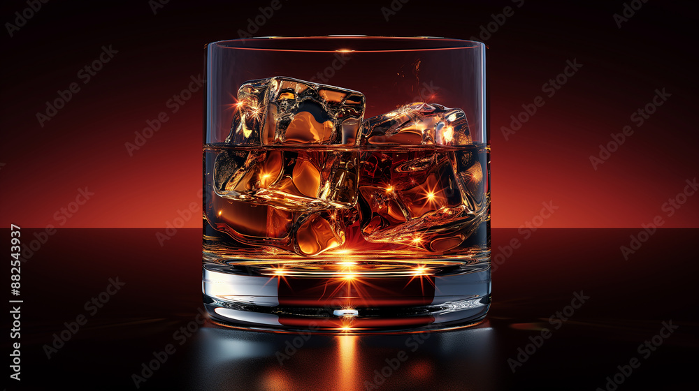 Glass of whiskey with ice cubes sparkling on red background Glass of whiskey with ice cubes sparkling on red background