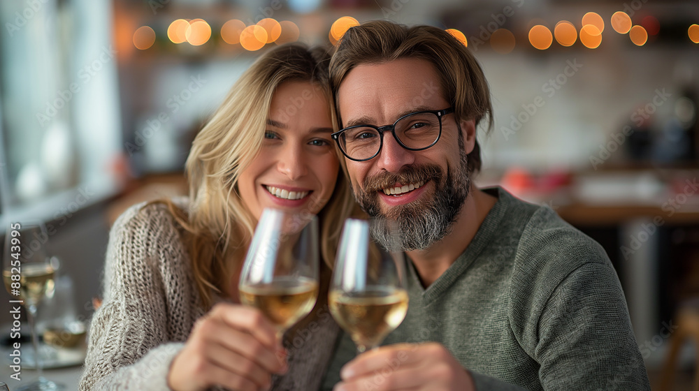 Happy couple making a toast with white wine celebrating at home