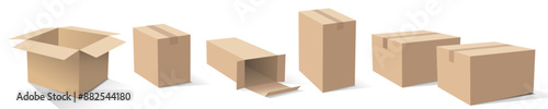 carton vector with brown color as delivery houshold cardboard threedimensional box, for moving, packaging or packing some product in object transportation. Isolated on white background.